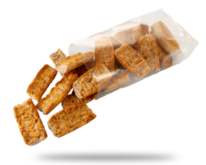 Bread croutons coming out of transparent envelope