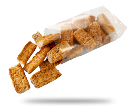 Bread croutons coming out of transparent envelope