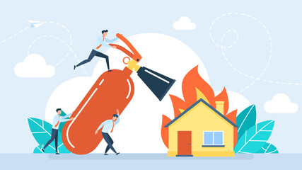 A burning house is being extinguished from extinguisher. Fireman team put out a house fire. Firefighter using fire extinguisher for fire fighting burning house. Department rescuer. Flat illustration