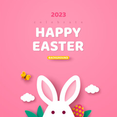 Fototapeta na wymiar Easter card with bunny rabbit head, spring clouds and butterfly on pink background. Vector illustration. Place for your text. Holiday banner, flyer or poster, brochure design template layout.