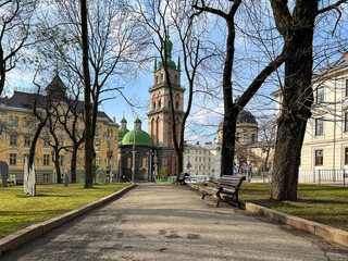 Old city Lviv architecture in the summer season. 