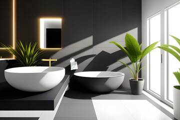 Fototapeta na wymiar 3D render empty bathroom granite vanity counter top with round ceramic washbasin and golden faucet. Morning sunlight, Blank space for products display mockup. Background, Wall tiles, Decor plants.