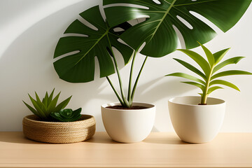 Fototapeta premium Wooden table counter top with green tropical plant leaf and beautiful sun light and shadow on beige wall for luxury beauty, organic, health, cosmetic, jewelry fashion product display background
