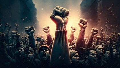Many people rising hands fists, rallies and protests. Generative AI