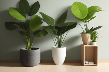 Blank wood podium product display and green tropical monstera plants leaves with beautiful sun light and shadow. 3D render for nature, organic, spa, aroma, health, care, cosmetic, beauty background.