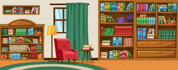 Retro library interior. Reading books. Wooden shelves for literature. Carpet and ladder. Luxury antique office. Armchair and bookcase. Bookshelf in house. Vector garish cartoon background