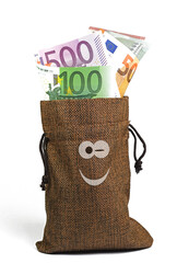 Jutesäckchen mit Papiergeld und lächelnden Gesicht - obrazy, fototapety, plakaty
