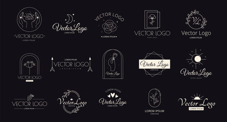 Rose flower tattoo. Touch logo. Beautiful hope symbols. Line minimalism rays. Trendy outline moon. Sunset and sky moon. Blossom in hands. Logotype design. Vector recent elements set