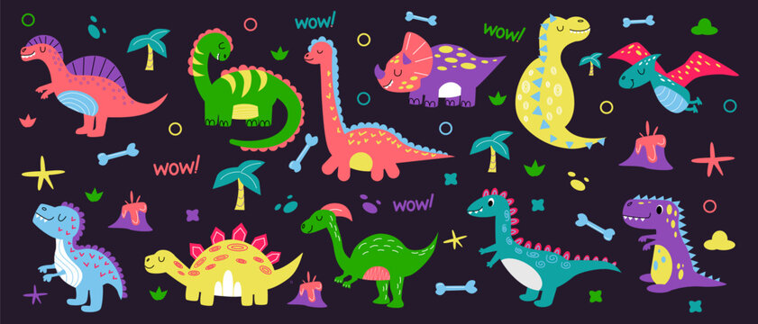 Cute doodle dinosaurs, dino baby collection. Loving animals, tropical plants isolated on black, reptile characters of prehistoric period. Nursery decor. Vector recent childish illustration