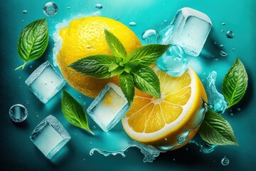Fresh lemon with mint leaves and ice cubes on a blue background.