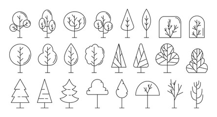 Geometric tree icons, line pines. Minimal nature leaves, spring forest, art shapes in minimalism, abstract logo. Eco symbols, outline emblems modern design. Vector garish outline plants set