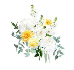 Yellow rose, ivory dahlia, white hydrangea, tulip, matthiola, spring garden flowers