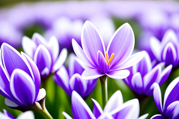 The first spring flowers violet crocuses in snow in nature in the rays of sunlight against blue sky, close-up. Generated AI.