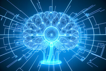 Wireframe hologram of a futuristic human brain, holographic sci-fi interface. 
