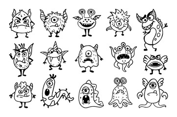 Cute doodle monsters, animal childish drawing. Happy kids alien funny art, fun children toys, smile mascots, spooky fantasy characters. Baby nursery design vector tidy cartoon icons set