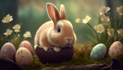 Easter eggs with a cute bunny , Easter concept