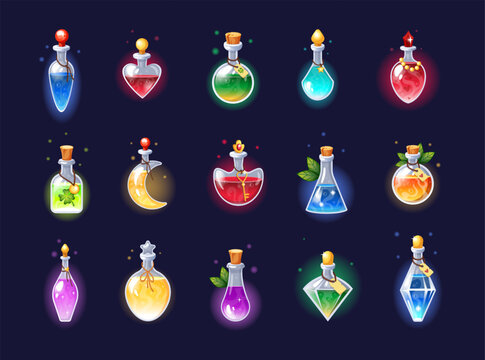 Magic game bottles. Chemistry potion. Alchemy jar or vial. Poison antidote elixir with cork for laboratory. Liquid substance in glass flasks. Luck and love drink. Vector tidy icons set