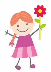 Valentine's  or Mother's day, girl with flower, cute vector illustration, art, card,