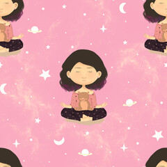 Young pretty woman performing yoga exercise. Female cartoon character sitting in lotus posture and meditating. Girl with crossed legs isolated. Pattern background.