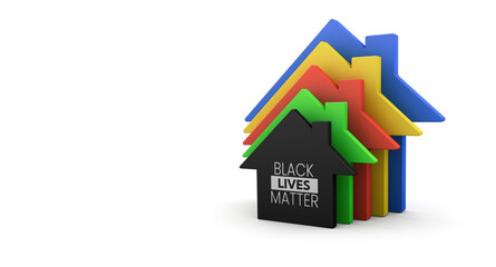 Colored houses on a white background. Black lives matter. Copy space. 3D render. Illustration.