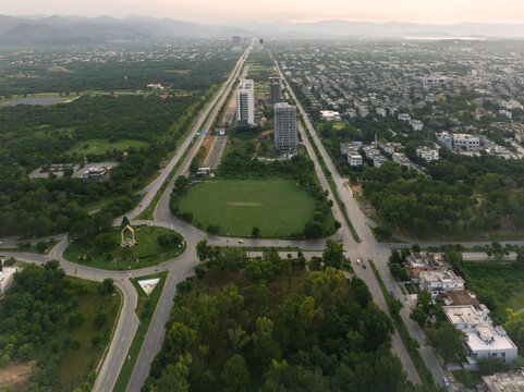 Aerial view of B17 residential district at sunset, Islamabad, Pakistan.