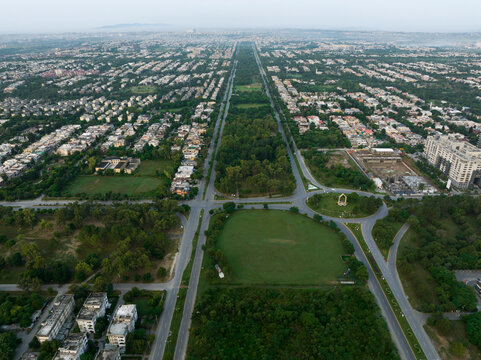 Aerial view of B17 residential district at sunset, Islamabad, Pakistan.