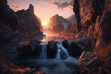 Fototapeta premium Beautiful waterfall on the rocks at sunset. AI generative.