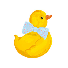 Yellow duck with bow, hand-drawn illustration.  Cute cartoon duck. Cartoon character. Isolated on white background 