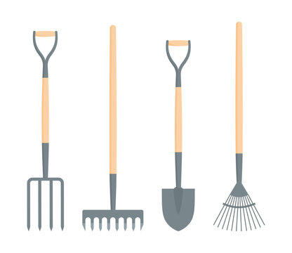 A set of garden tools. Digging spade, digging fork, leaf rake and soil rake isolated on a white background. Vector illustration in flat style