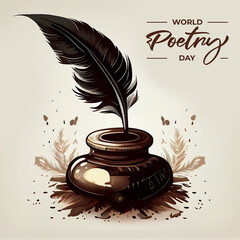 World Poetry Day, March 21. Art illustration of inkwell and feather. Generative Ai. Poster Concept.