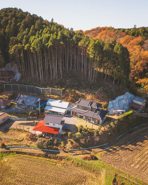 Aerial view of the japanese village Aida, Motegi, Tochigi Japan.