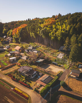 Aerial view of the japanese village Aida, Motegi, Tochigi Japan.