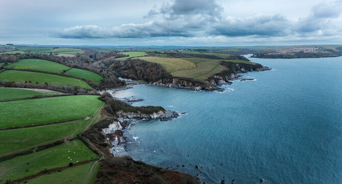 Aerial View of Polridmouth Beach looking towards Fowey in winter, Cornwall, United Kingdom.