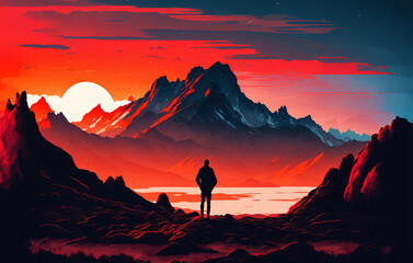 A bright red sunset over a mountain range, with the silhouette of a lone hiker. Contrast and intense colors: deep red, orange and blue. Generative AI