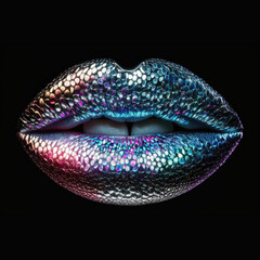 Silver chrome female party lips close-up resembling mirror disco ball isolated on black background with copy space, generative AI