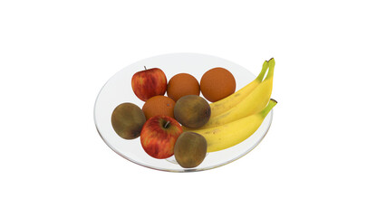 Fresh fruits including bananas, apples served in a bowl, 3d render.