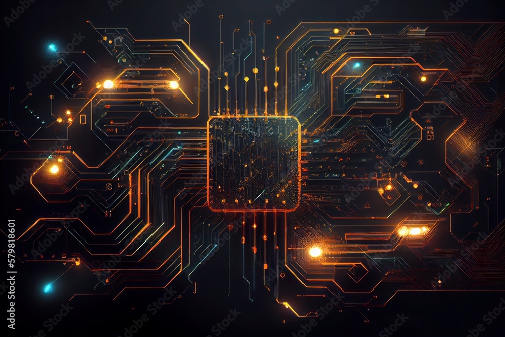 Poster ai generative, yellow circuit board with a chip in the middle on a black background