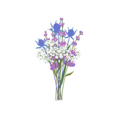 Naklejka na ściany i meble Bouquet of elegant blooming gypsophila and lavender. Vector flat illustration. Romantic bouquet isolated on white. Gorgeous flowers for botanical florist decor, mother's day cards. Cartoon flowers