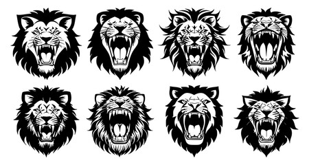 Set of lion heads with open mouth and bared fangs, with different angry expressions of the muzzle. Symbols for tattoo, emblem or logo, isolated on a white background.