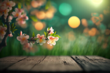 Magic background of spring blossoms on wooden table in green garden with bokeh lights. Generative ai.