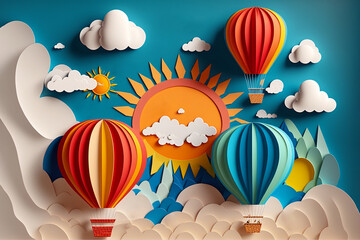 Creative paper art of sun, clouds and rainbow colored hot air balloons. Spring scenery, summer nature poster. Generative ai.