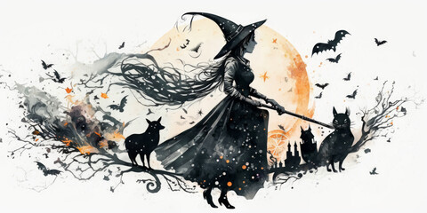 Generative AI illustration of Halloween witch with cat against full moon - 579819414