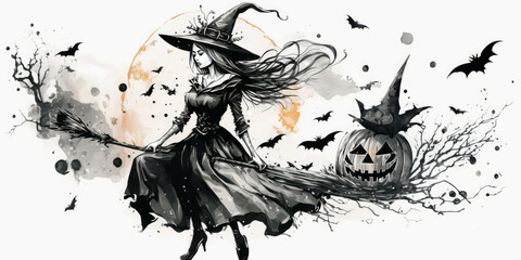 Generative AI illustration of Halloween young witch flying on broom against moon - obrazy, fototapety, plakaty
