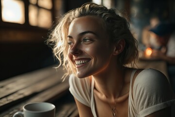 Attractive happy smiling young woman sitting in pastry shop, holding cup with coffee and enjoying free time at weekend.