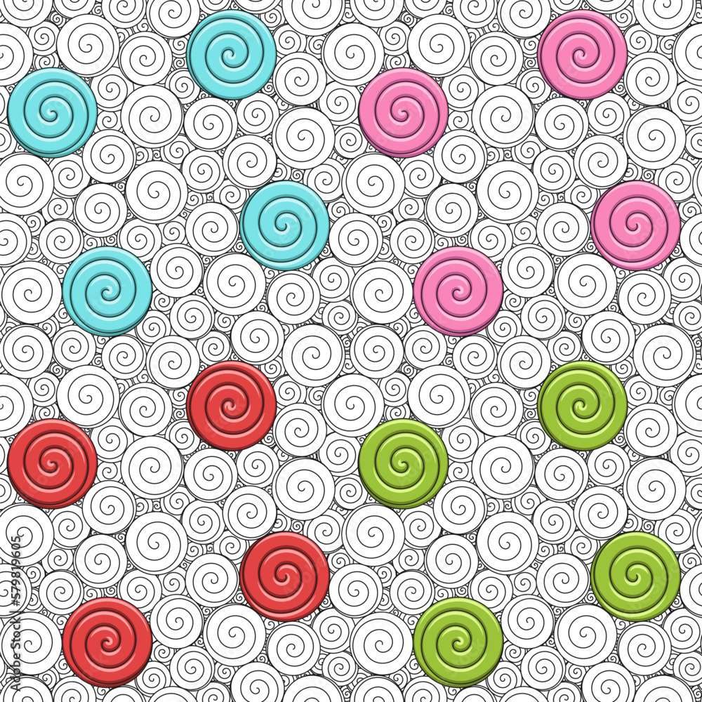 Poster set of seamless patterns with swirls and candies. colored vector backgrounds.