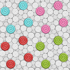 Set of seamless patterns with swirls and candies. Colored vector backgrounds.