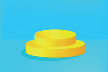 3d product display podium. Yellow cylinder pedestal on a blue background. Empty showcase vector illustration.