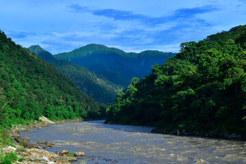 Beautiful Valley view with mountains ganga river and blue sky