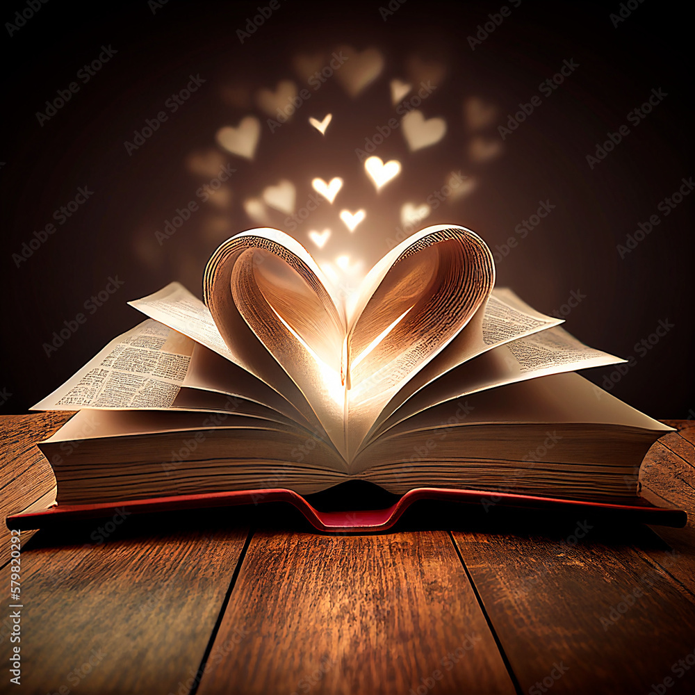 Poster open book with sheets in the form of a heart. created by AI