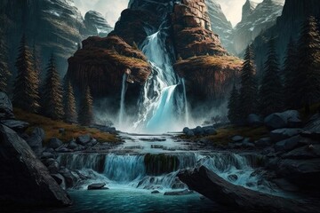 waterfall mountain beautiful scenary realistic Generative AI